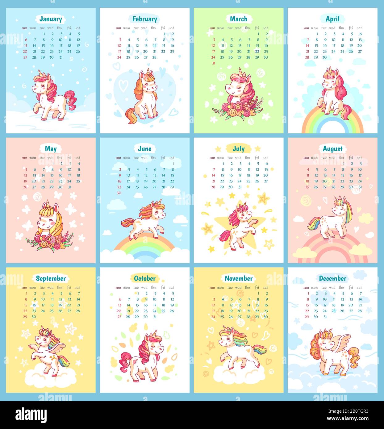 Sweet cute magic unicorn 2019 calendar for kids. Fairy unicorns with rainbow cartoon vector template for calendars design Stock Vector