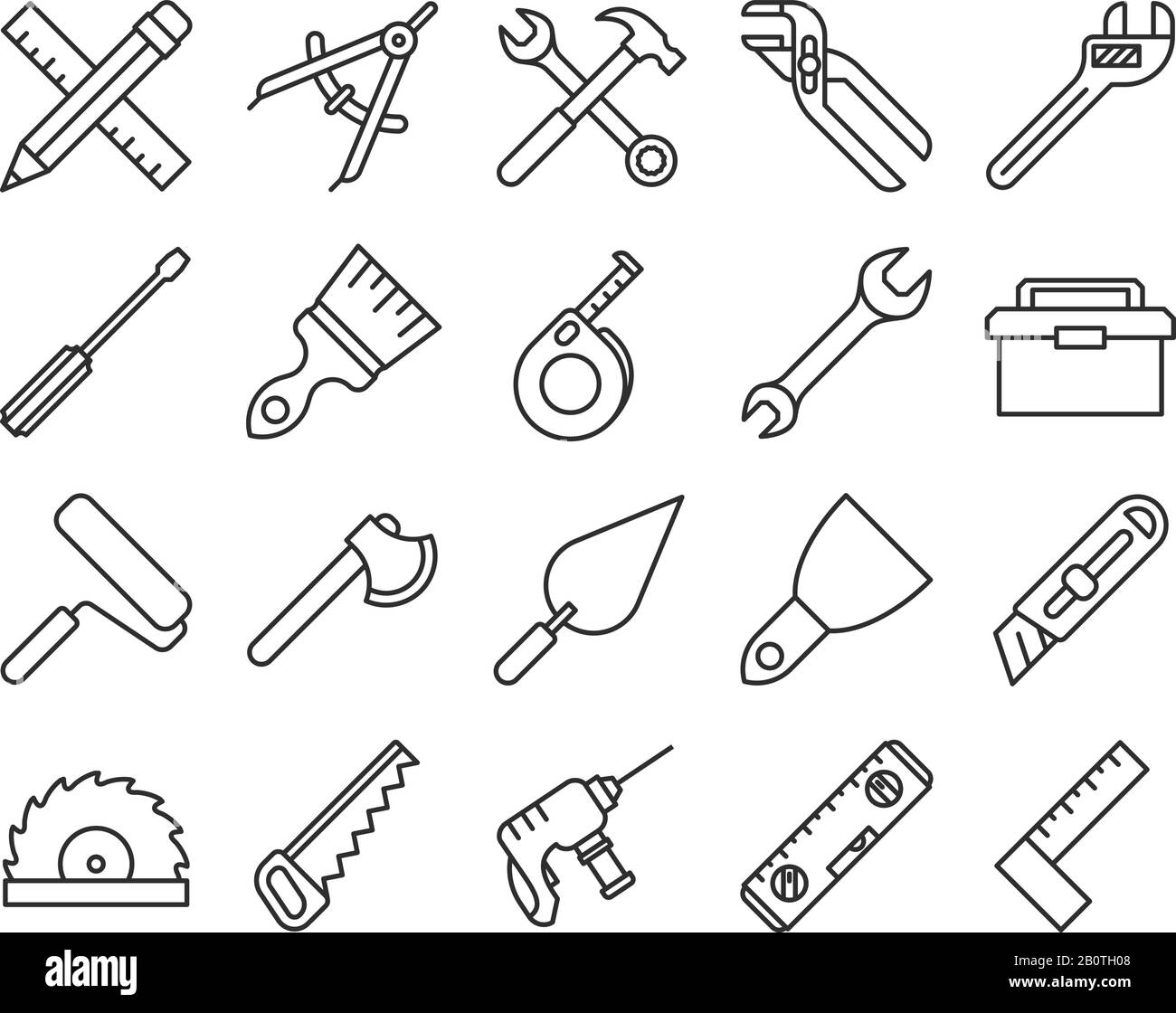 Mechanical tools line vector icons. Linear tools ax and spanner illustration Stock Vector