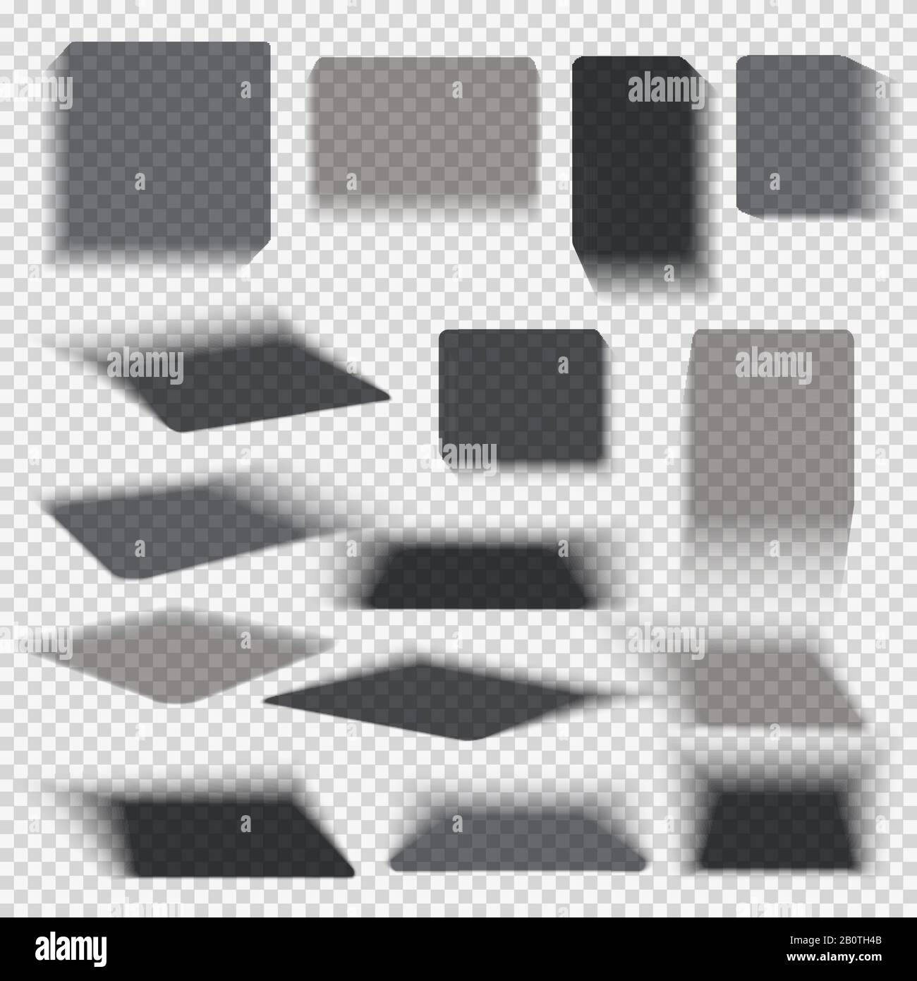 Transparent paper and objects box square shadows isolated. Wall and floor drop shadow vector collection. Empty transparent shade, illustration of dark shadow from box Stock Vector