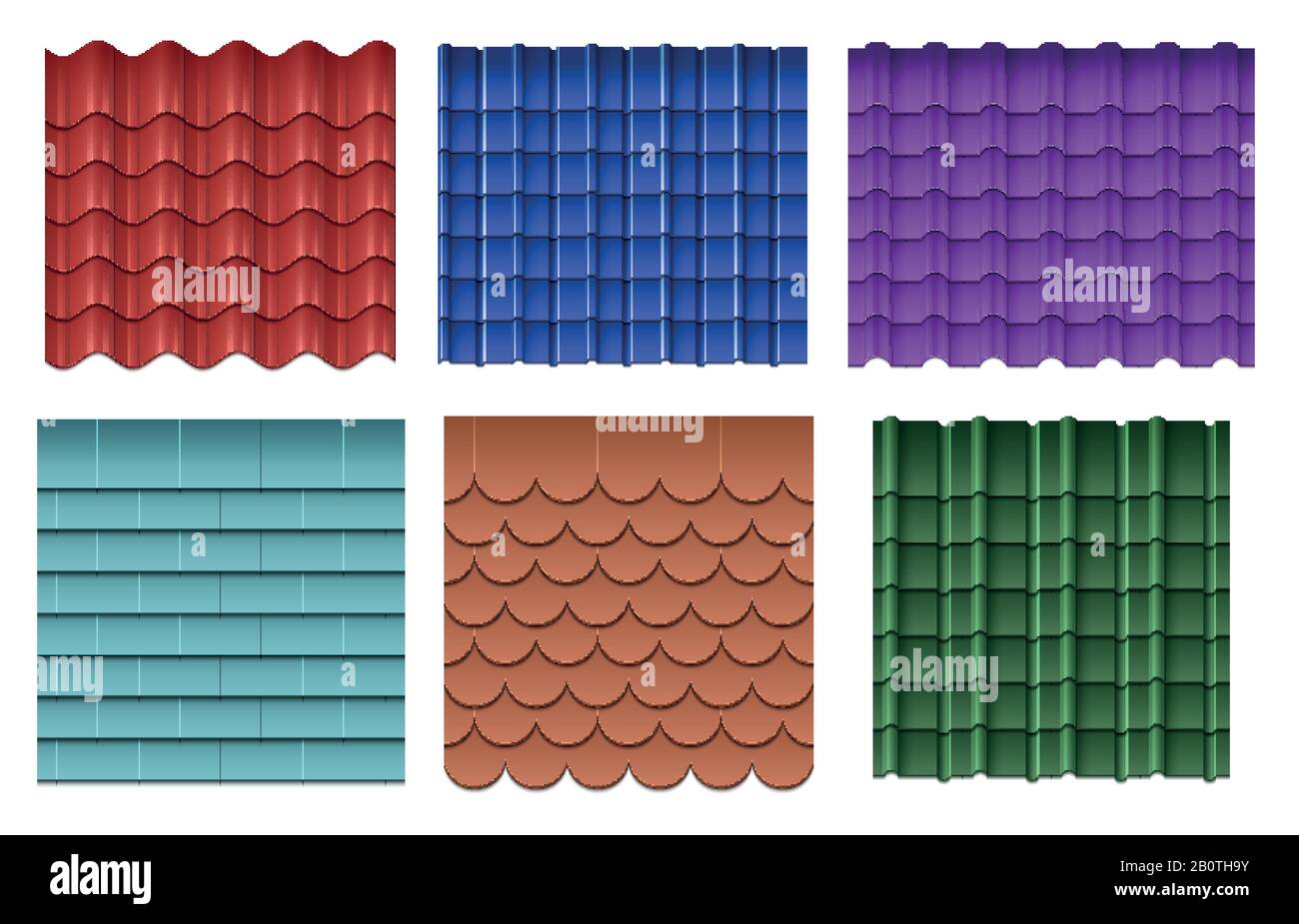 Roof tiles. Roofing materials vector set. Roof construction material, collection of roof component waterproof illustration Stock Vector