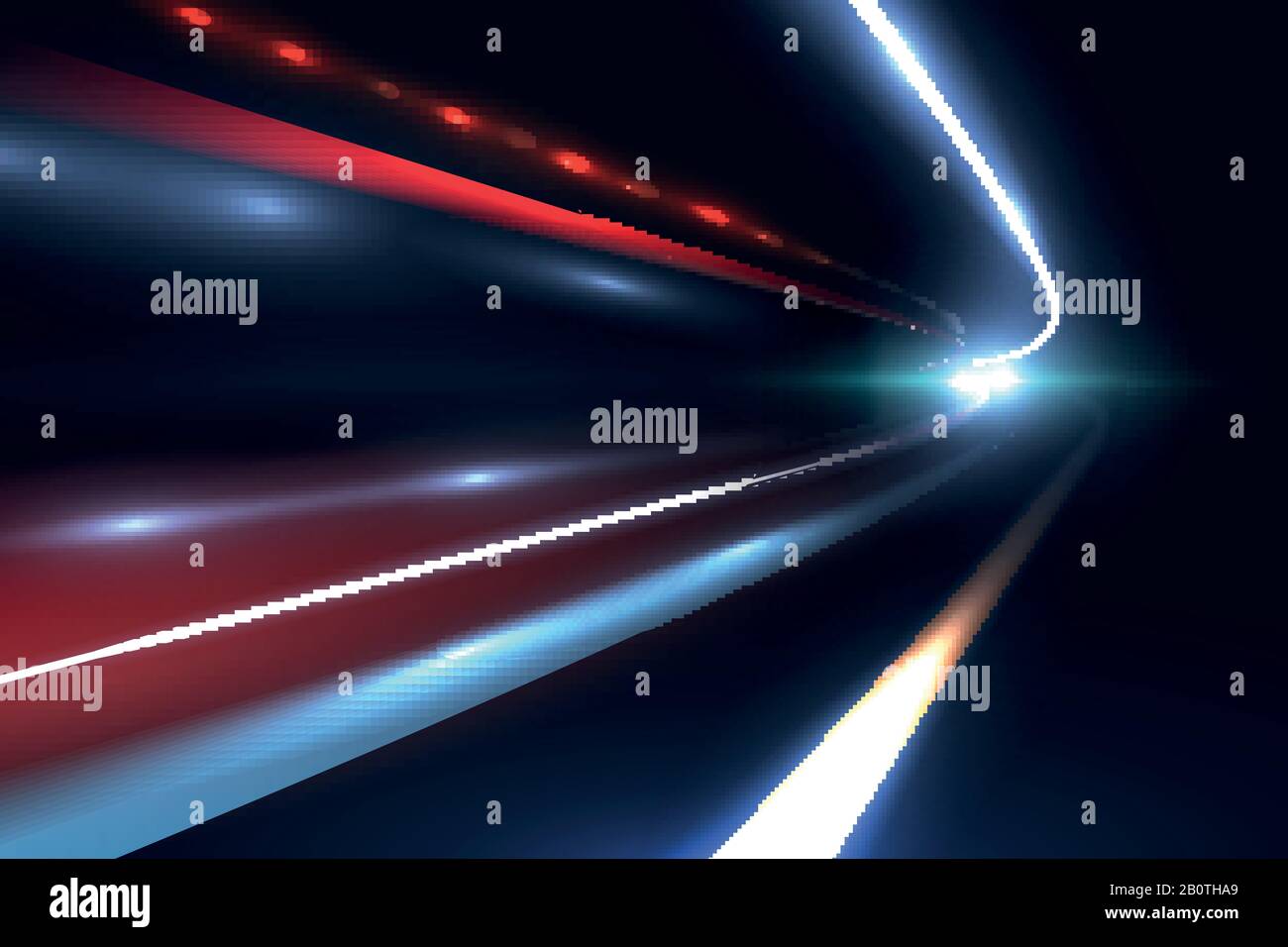 Car speed lines. Light trails tragic of long exposure abstract vector background. Light night road tunnel for car or train illustration Stock Vector