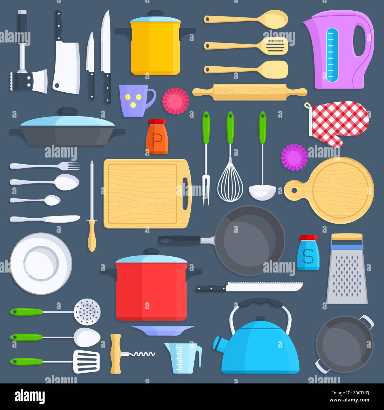 Kitchen tools, cookware and kitchenware flat icons set. Kitchenware cup and pot illustration Stock Vector