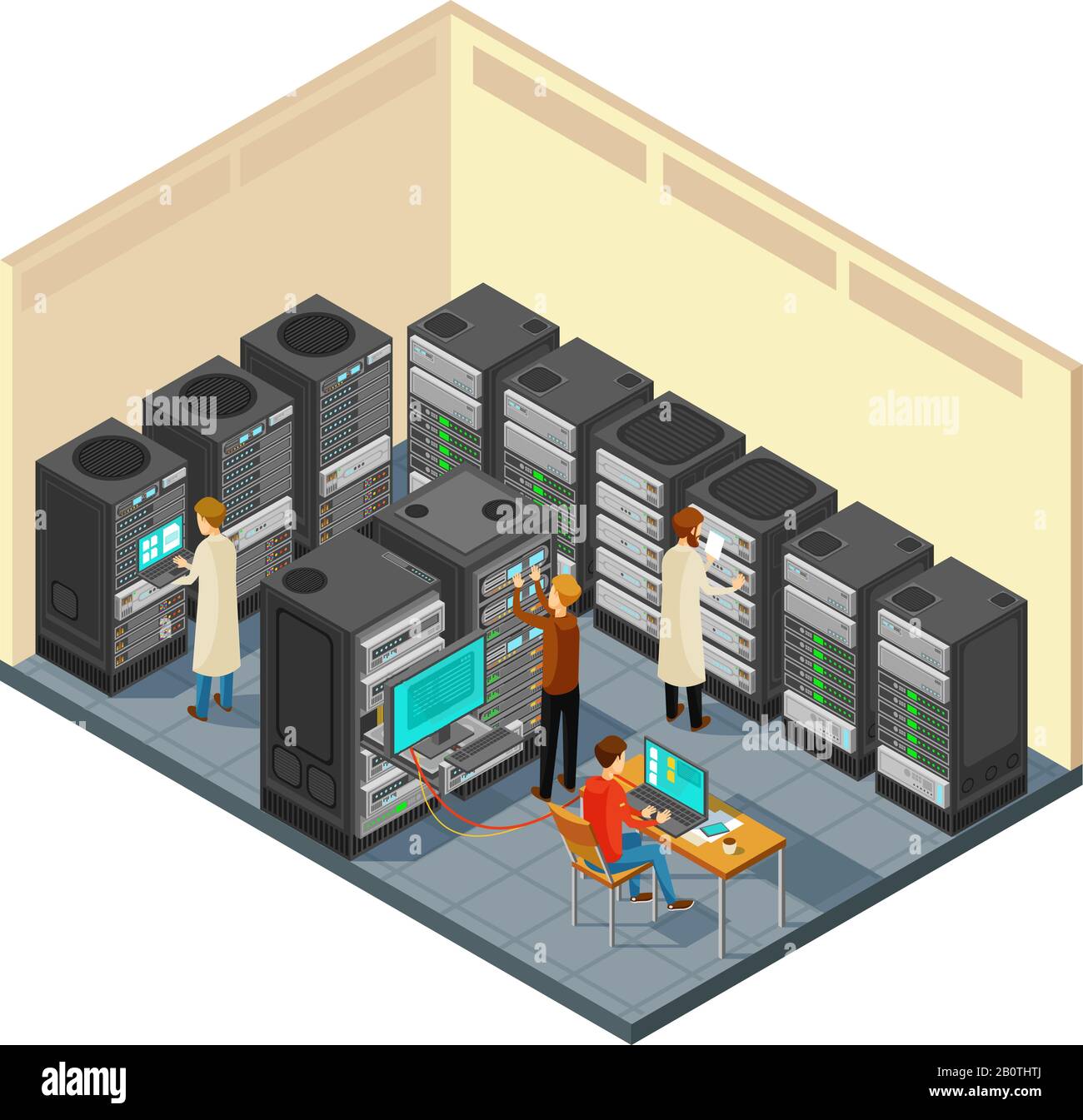 Computer hardware in network server room with staff. Isometric security center vector illustration. Database server network internet Stock Vector