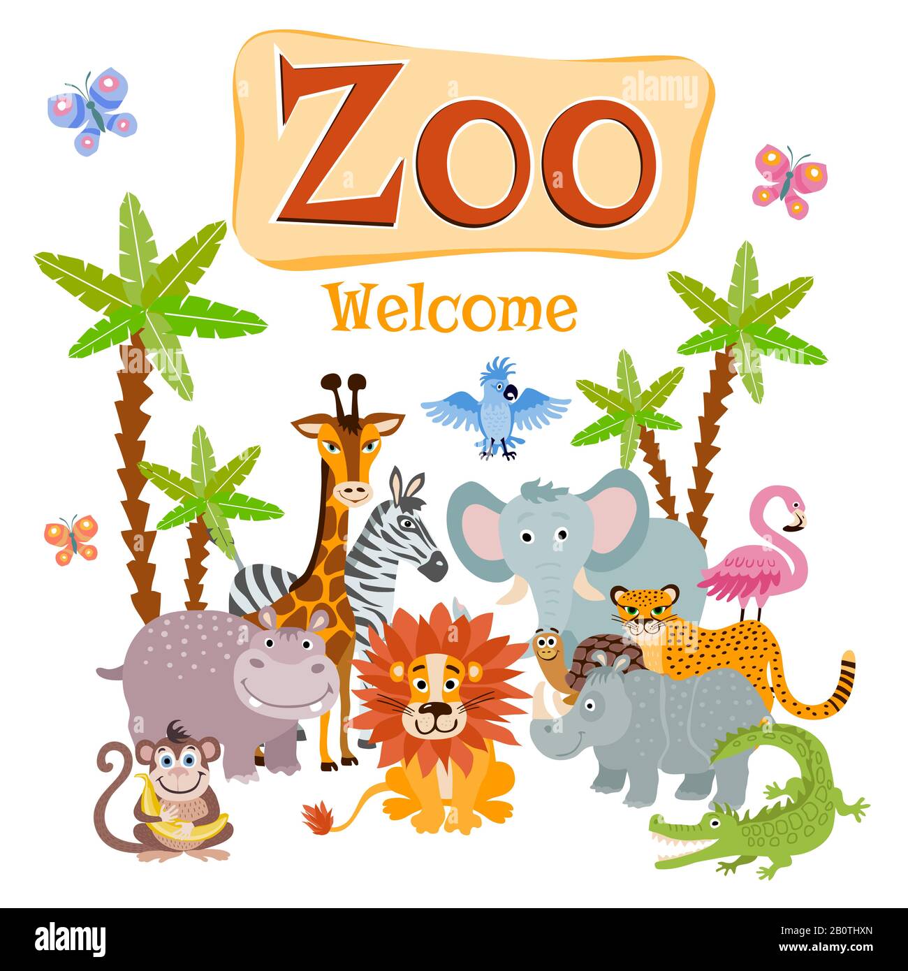Zoo vector illustration with wild cartoon safari animals. Banner welcome zoo, wildlife animal zoo rhinoceros and flamingo Stock Vector