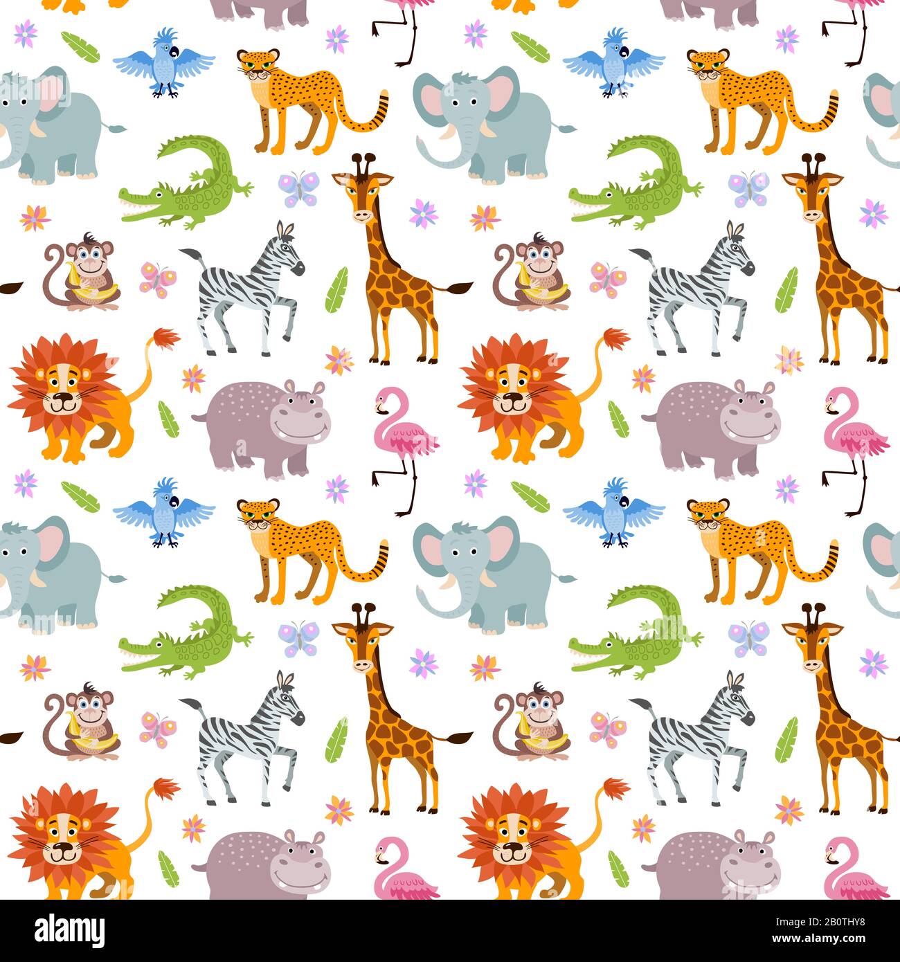 Children seamless vector wallpaper with cute and funny baby savanna animals elephant, alligator and hippo, illustration of africa animals Stock Vector