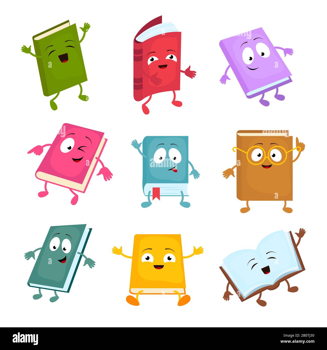 Funny and cute cartoon book vector characters. Happy library books mascots set. Character books cartoon illustration Stock Vector