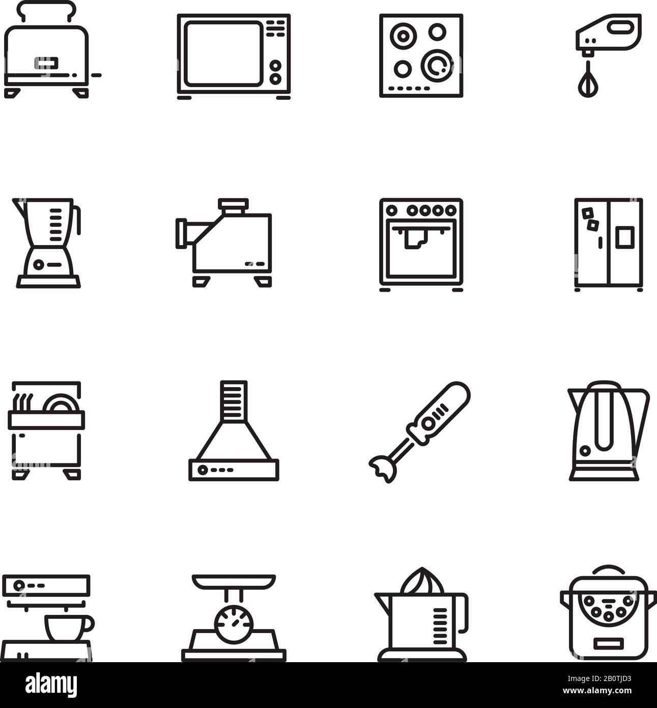 Kitchen and cooking appliances household vector line symbols. Kitchen equipment, coffee maker, toaster and refrigerator illustration Stock Vector