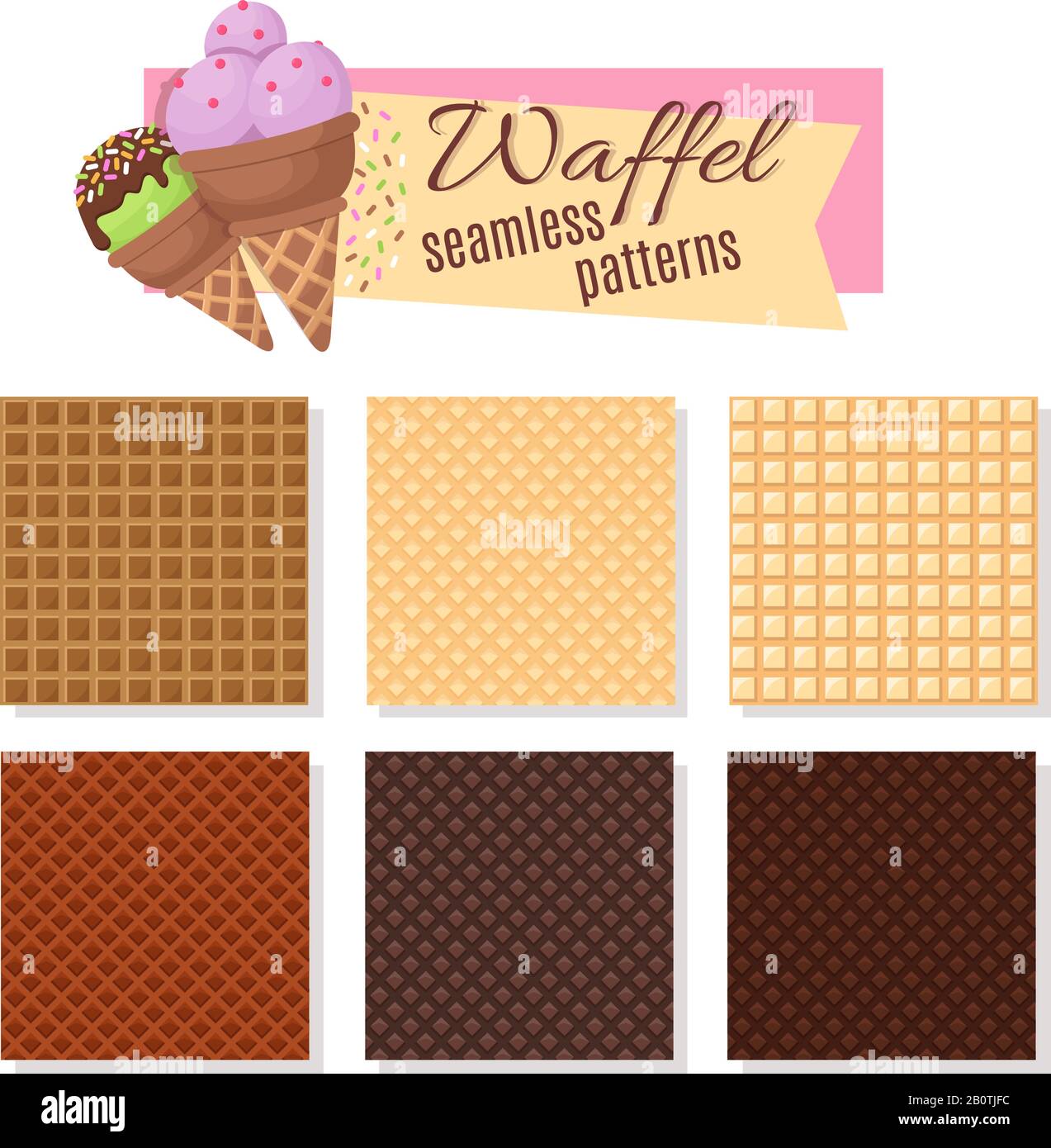 Ice cream waffel cone seamless vector patterns. Set of waffle pattern for ice cream illustration Stock Vector