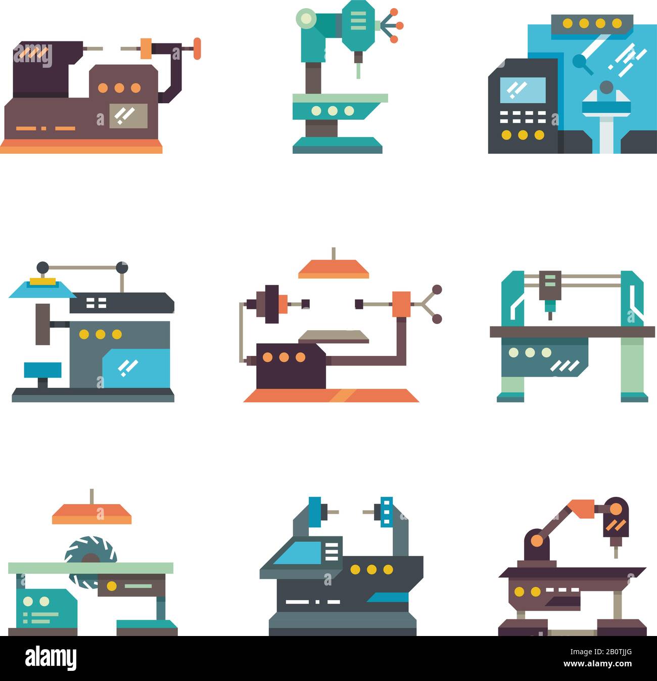 Industrial cnc machine tools and automated machines flat icons. Machine equipment for factory industry, illustration of industrial, production Stock Vector