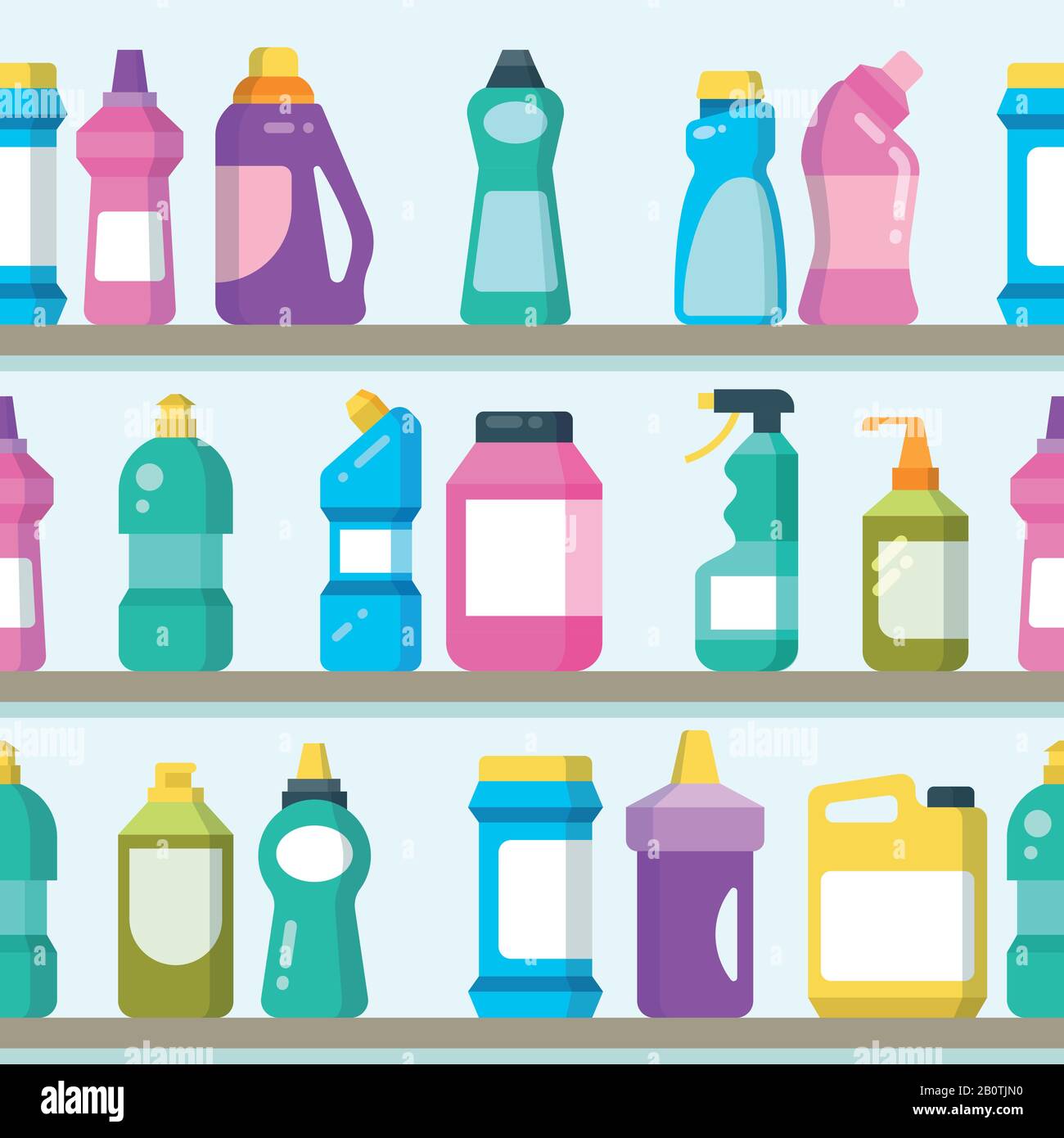 Household goods and cleaning supplies on supermarket shelves seamless vector background. Detergent and soap on colored bottle for housekeeping illustration Stock Vector