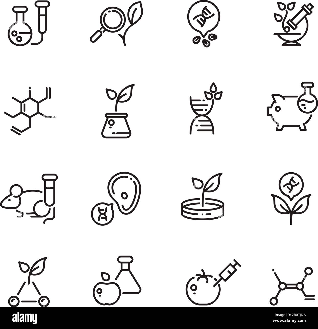 Gmo food and medical science vector line editable icons. Dna modification and agriculture technology outline symbols. Science genetic modification dna in food illustration Stock Vector