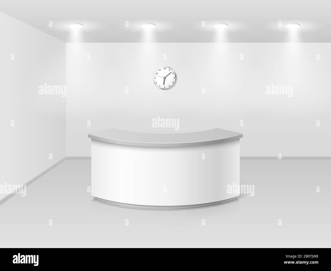 Office or hotel interior with reception counter desk 3d vector illustration. Hall business interior with counter empty Stock Vector