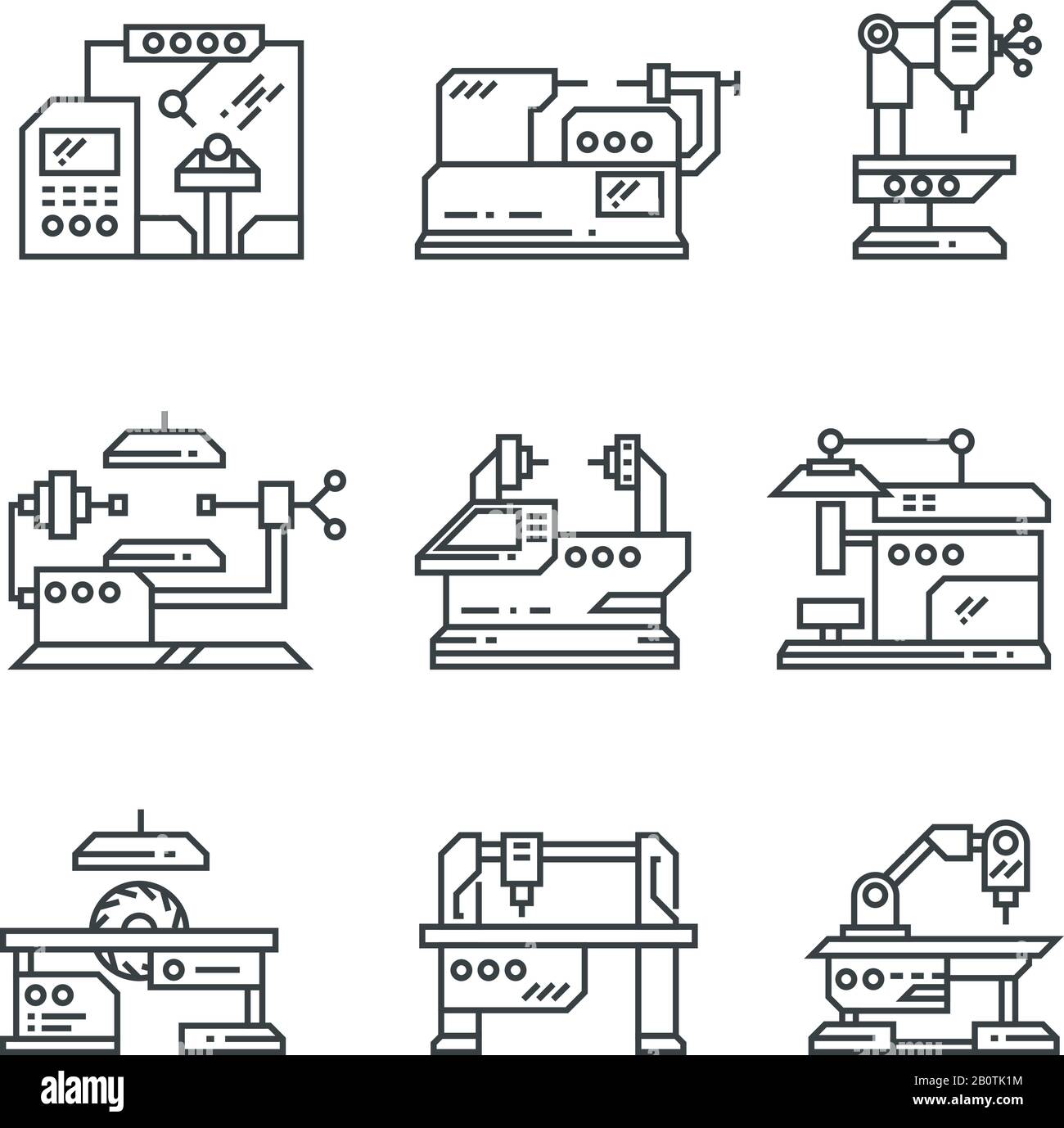 Industrial machines vector line icons. Factory machine tools symbol. Factory machine for industrial, illustration of equipment machinery Stock Vector
