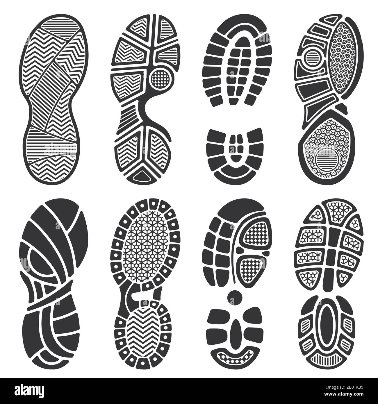 Isolated footprint vector silhouettes. Dirty shoes and sneakers footprints. Black footprint and illustration of imprint track step Stock Vector
