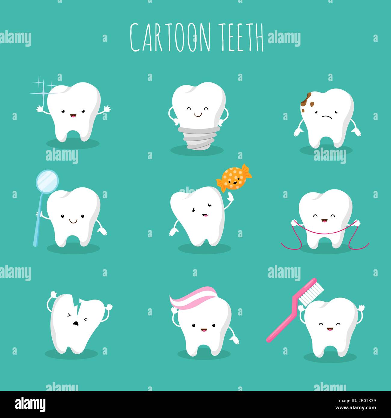 Cute cartoon tooth vector set. Baby teeth health and hygiene icons. Healthcare tooth and protection, illustration of dental and stomatology Stock Vector