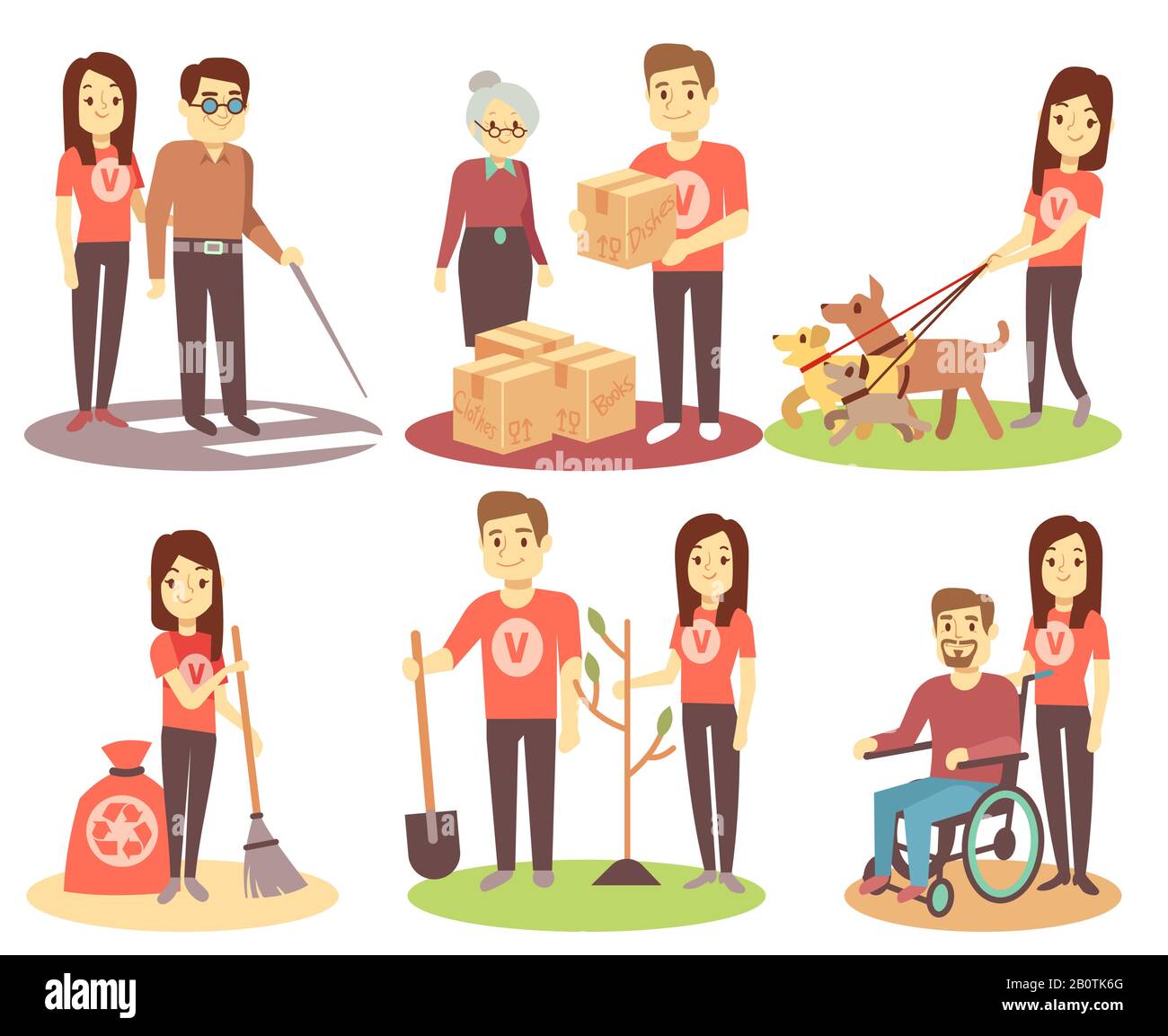 Volunteering and supporting people vector flat icons with young volunteer persons. Character woman volunteer help and giving illustration Stock Vector