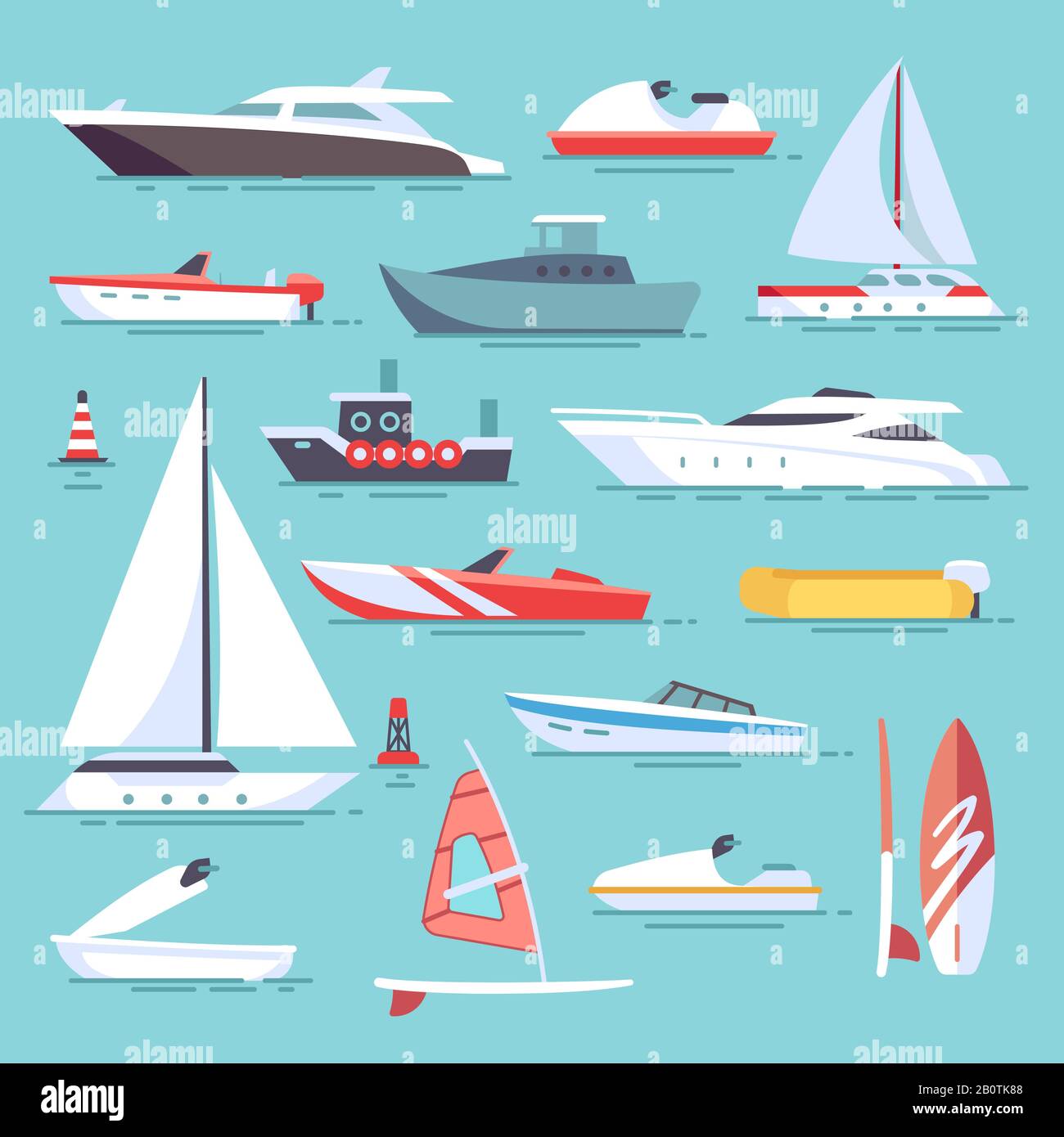 Sea boats and little fishing ships. Sailboats flat vector icons. Set of water transport boat and vessel, tugboat and motorboat illustration Stock Vector