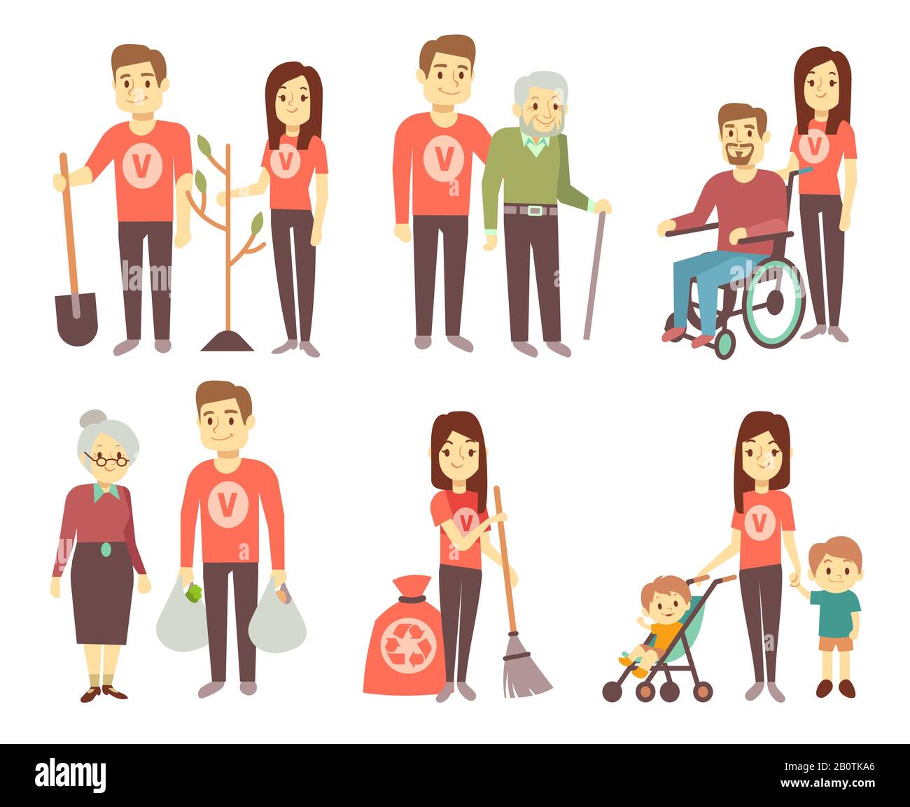 Volunteer helping to disabled people vector characters set for volunteering concept. Volunteer help and assistance disability people illustration Stock Vector