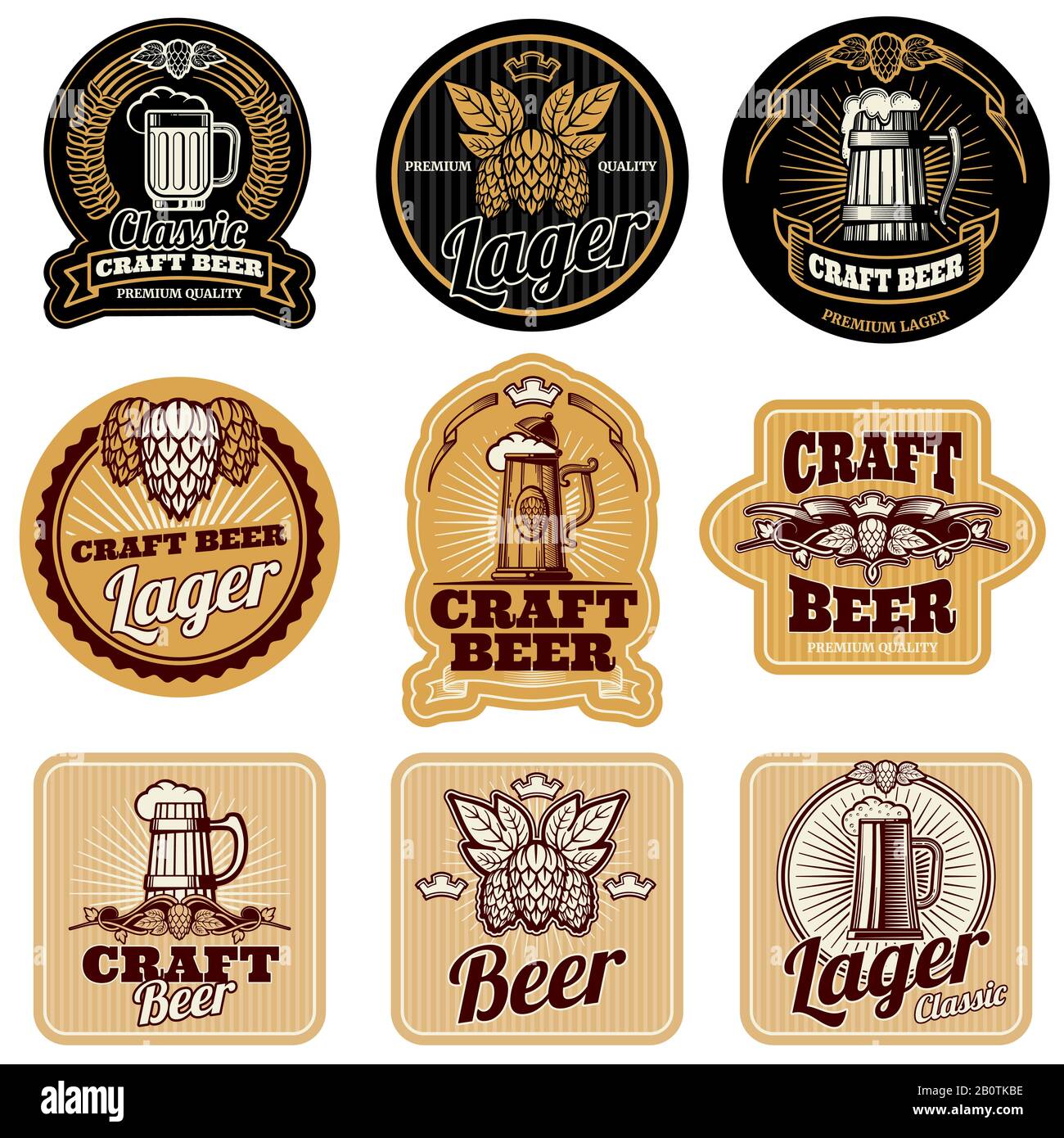 Vintage beer bottle vector labels. Alcohol drink label, illustration of bottle beer labels Stock