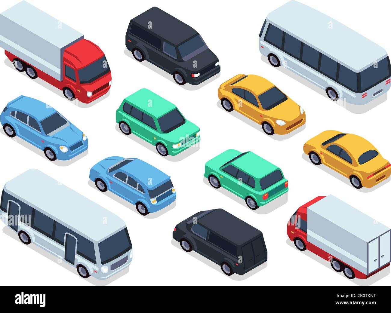 Isometric vehicles and cars for 3d city traffic map. Vector urban transport set. Transport car isometric, auto car 3d style illustration Stock Vector