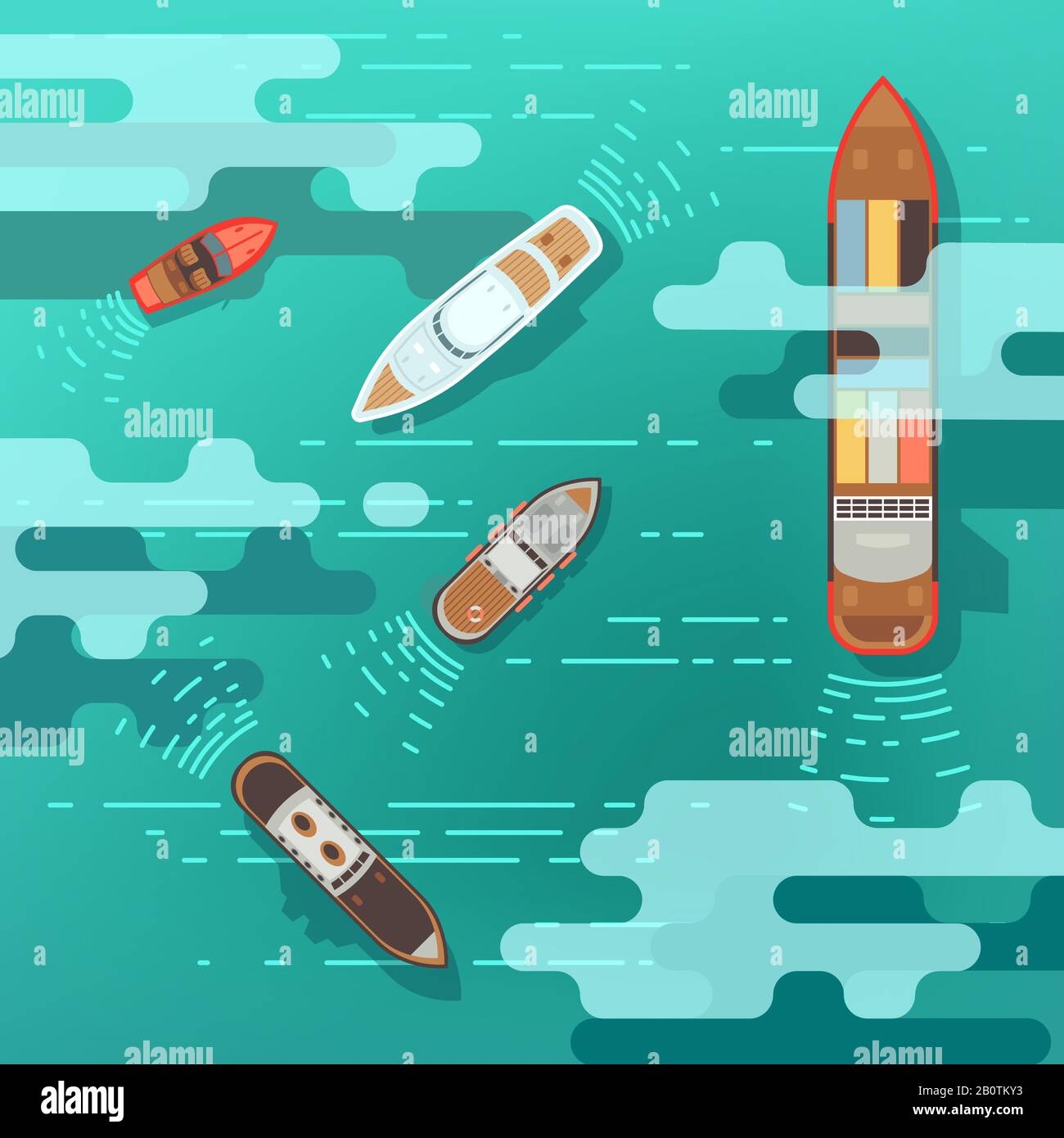 Top view sea ship and shipping boat on ocean water surface vector illustration. Ship and boat, travel yacht in ocean Stock Vector