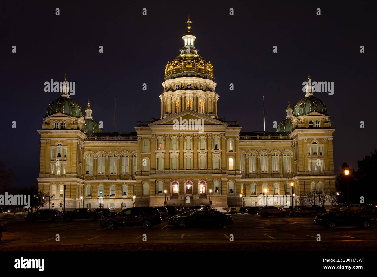 The east face of the Iowa State Capitol Building at night in Des Moines, Iowa. Stock Photo