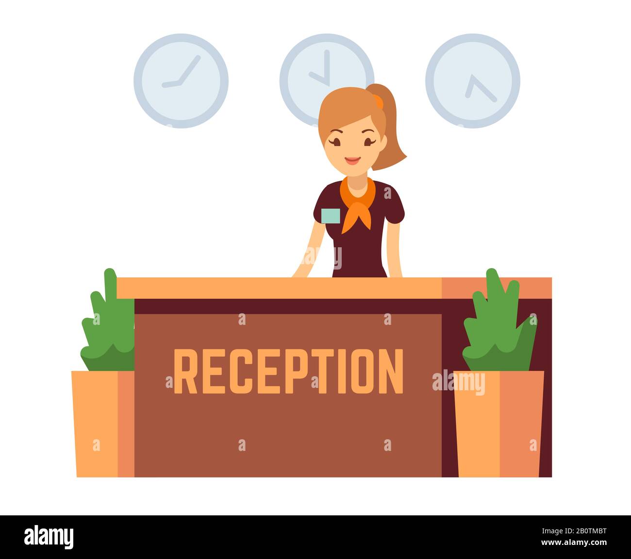 Bank office or hotel reception with receptionist smiling woman vector illustration. Reception hall with woman receptionist Stock Vector
