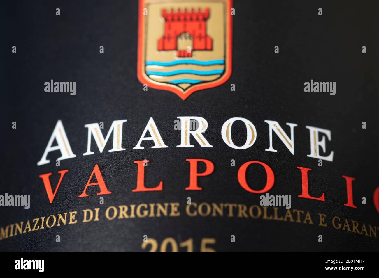 Amarone della Valpolicella wine bottle label, Italy. Credit: Malcolm Park/Alamy. Stock Photo