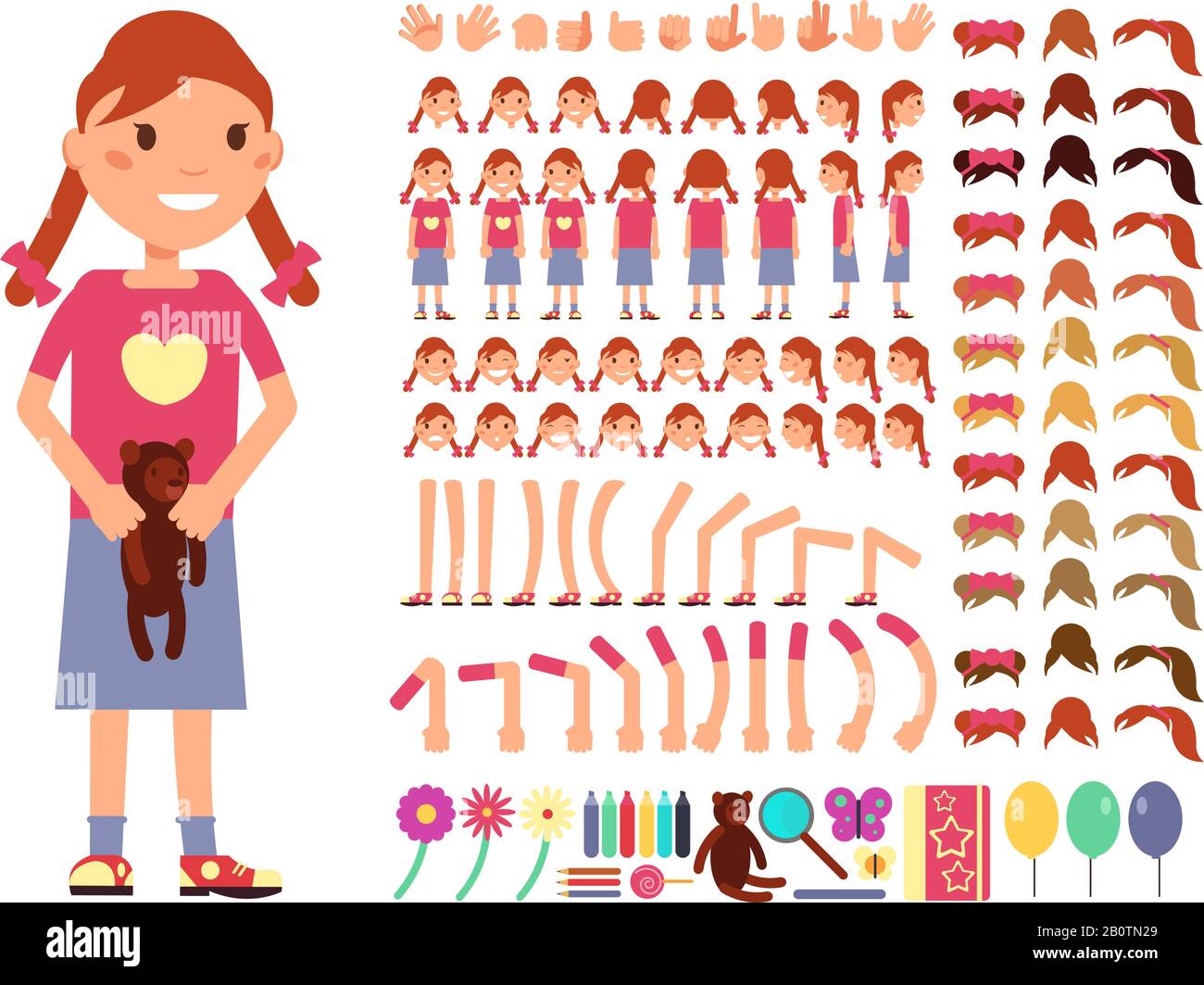 Cartoon cute little girl character. Vector creation constructor with different emotions and body parts. Female emotion and creation body constructor, gesture and pose illustration Stock Vector