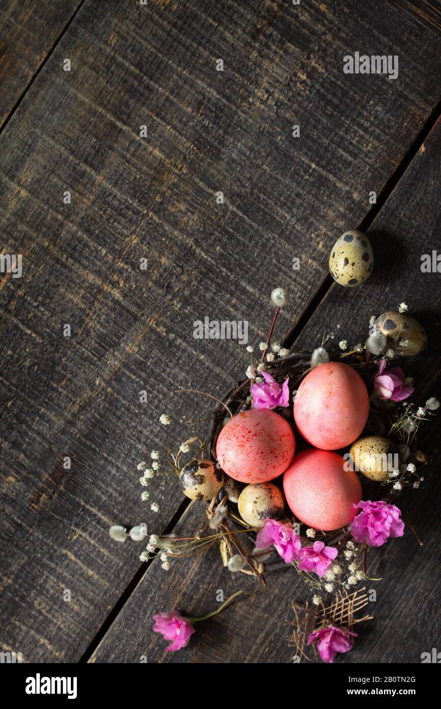 Easter background with Pink handmade Easter eggs and spring flowers ...