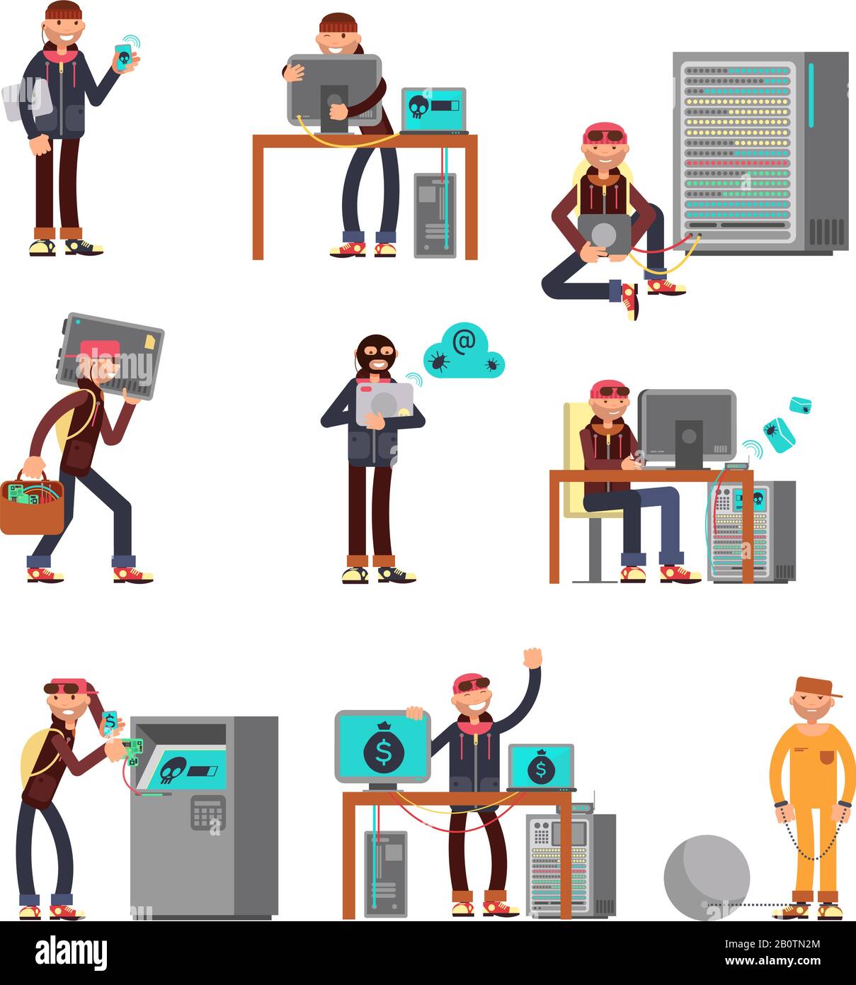 Criminal hackers breaking computer bank accounts. Finance and internet security protection icons with cartoon thief characters. Criminal computer hacker in bank hacking illustration Stock Vector