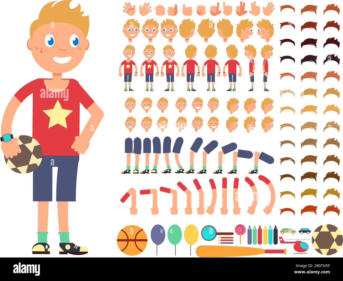 Cartoon boy character. Vector creation constructor with different emotions and body parts. Constructor boy character head leg and hand illustration Stock Vector