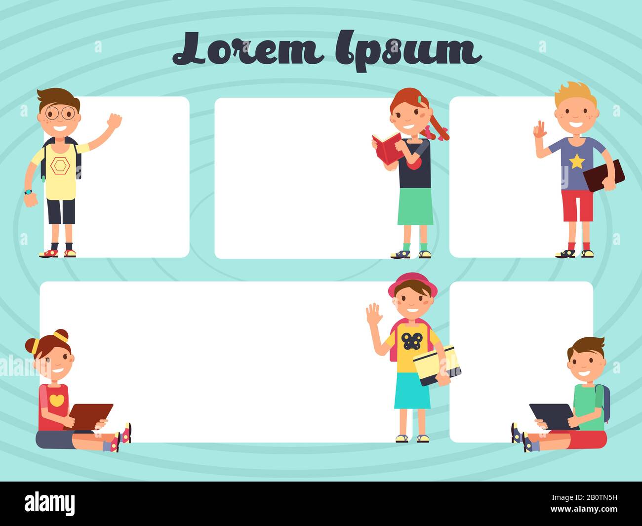 Fun frames kids layout. Vector texting brochure backgrounds with cartoon children. Cartoon cheerful kids with template of poster or brochure illustration Stock Vector