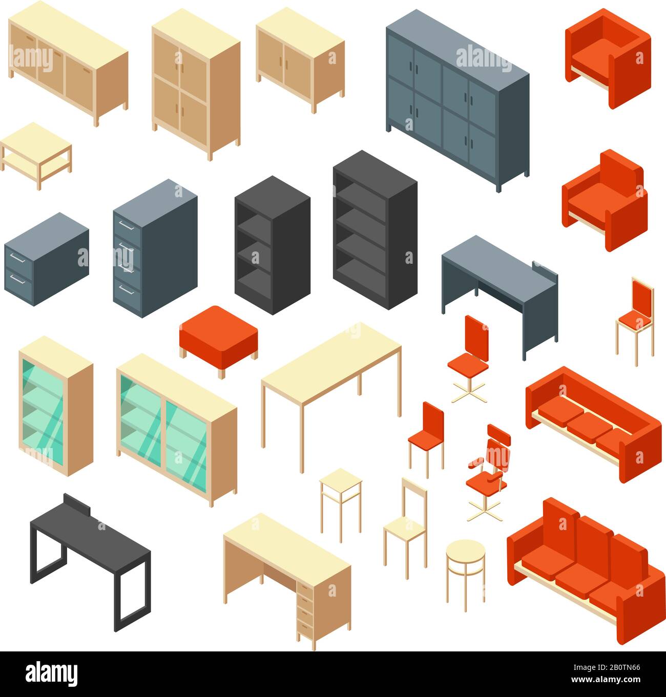 Isometric 3d office furniture isolated. Interior elements vector set. Furniture for interior room office, table and armchair illustration Stock Vector
