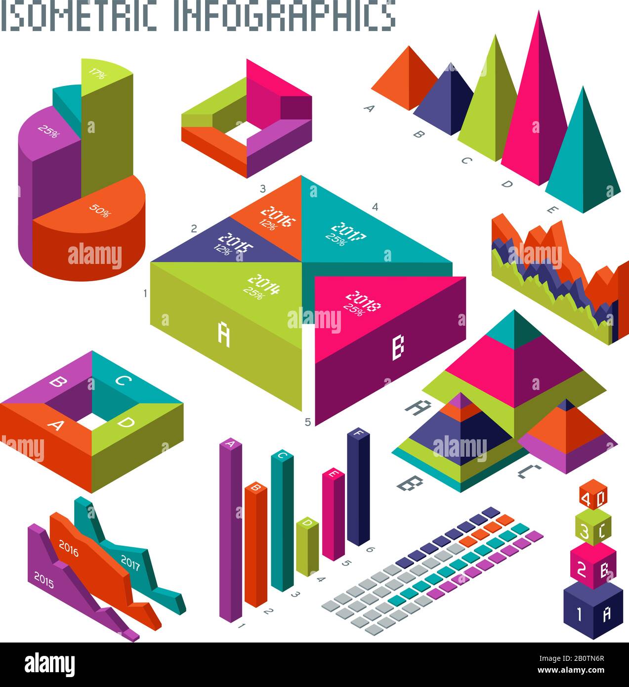Isometric 3d vector diagrams and graphs for your information infographic and business presentation. Graph and diagram template, colored 3d web chart and graphic illustration Stock Vector