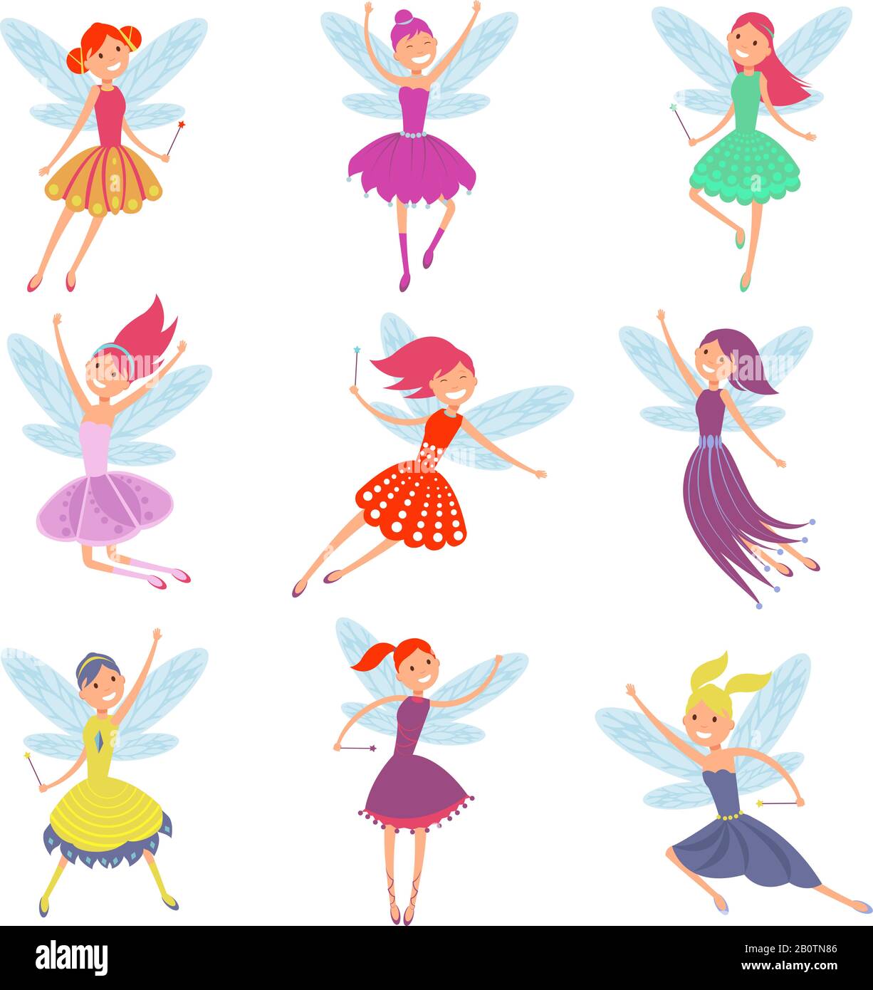 Flying fairy girls with angle wings vector characters set. Girl with wings cartoon illustration Stock Vector