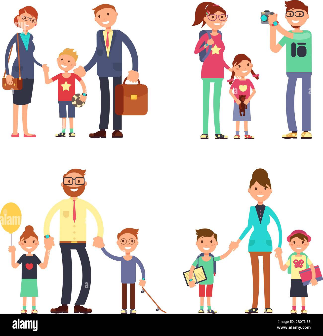 Kids and parents in happy family. Mom, dad and children vector flat ...