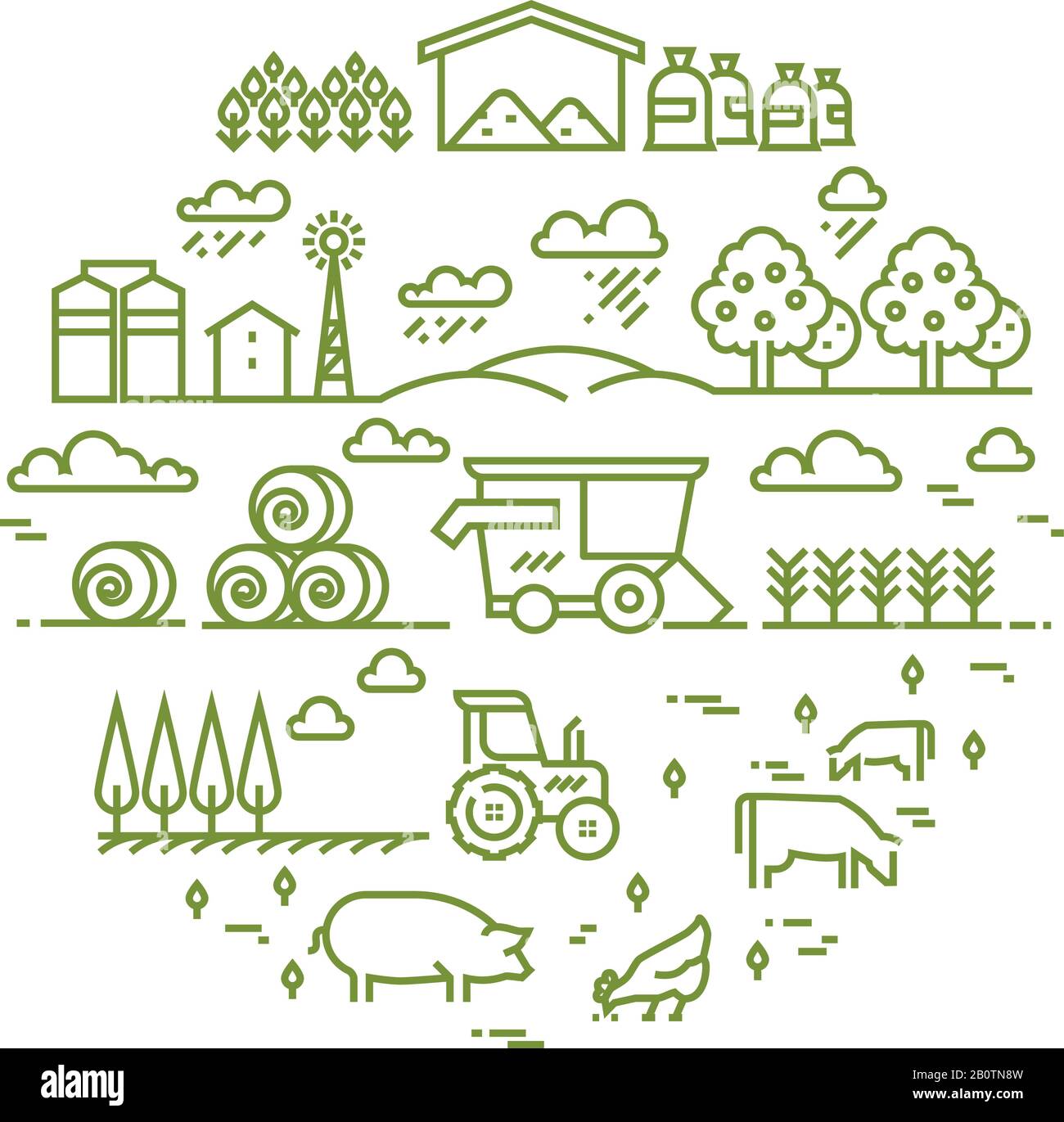 Rural landscape and agriculture farming thin line icons. Farm round badge with chicken and agriculture illustration Stock Vector