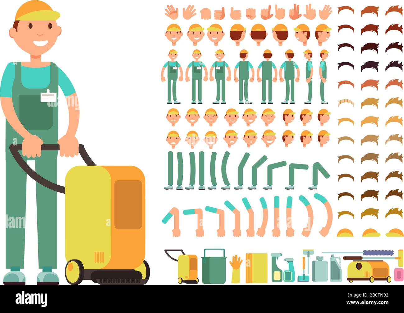 Professional man cleaner in cleaning service uniform. Vector creation constructor with big set of body parts and hand gestures. Character guy with vacuum illustration Stock Vector