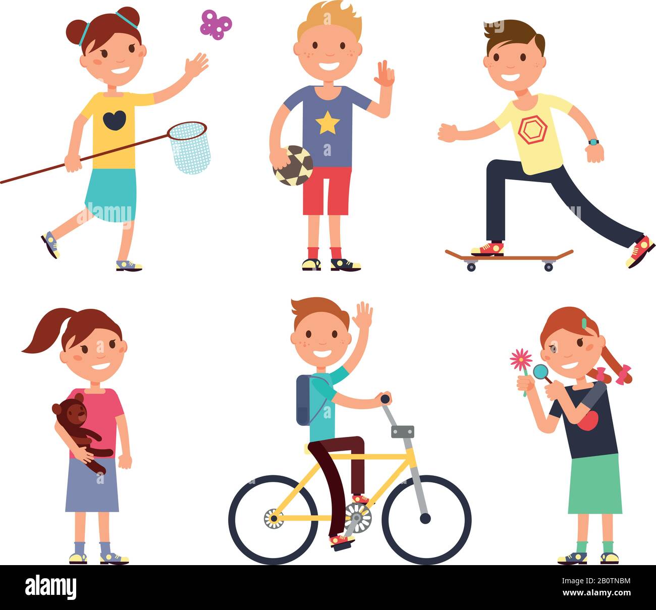 Playing children with toys. Happy kids in playground vector set. Play happy child, cartoon character boy illustration Stock Vector