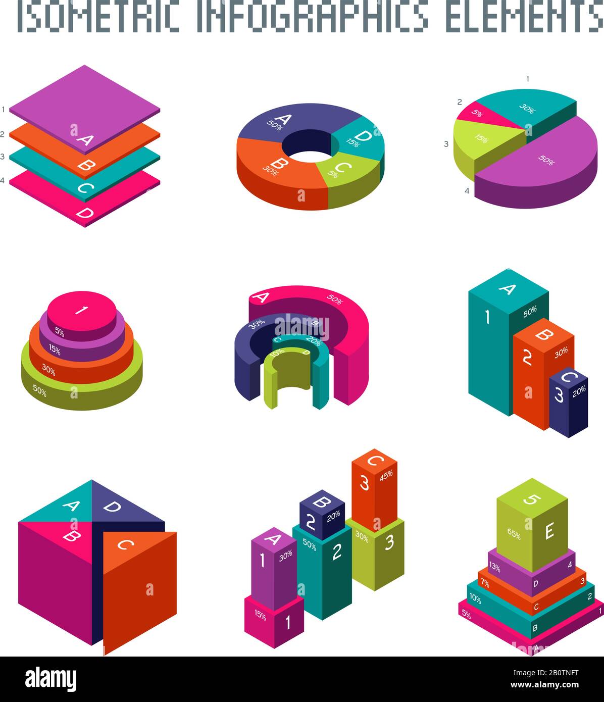 Infographic isometric vector elements. 3d pie graph, charts and progress bars. Graph and diagram statistic and progress isometric graphic illustration Stock Vector