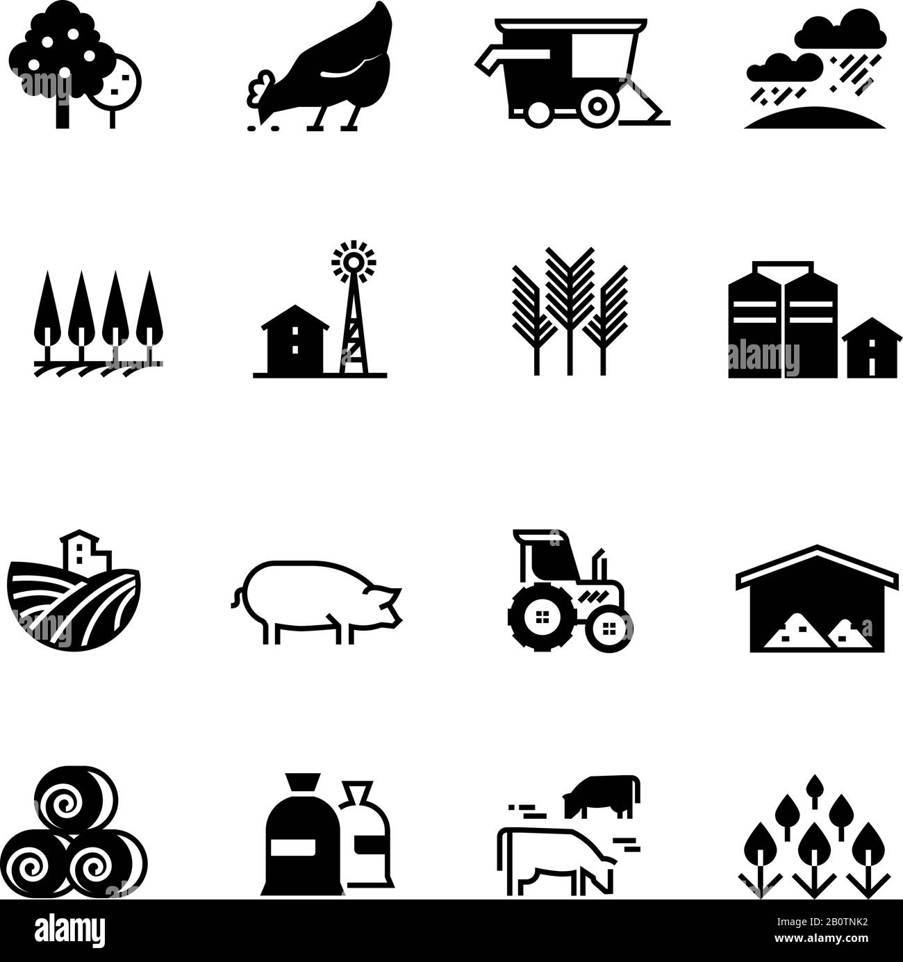 Organic farm and agriculture vector silhouette icons isolated. Agriculture farm silhouette, chicken and livestock illustration Stock Vector