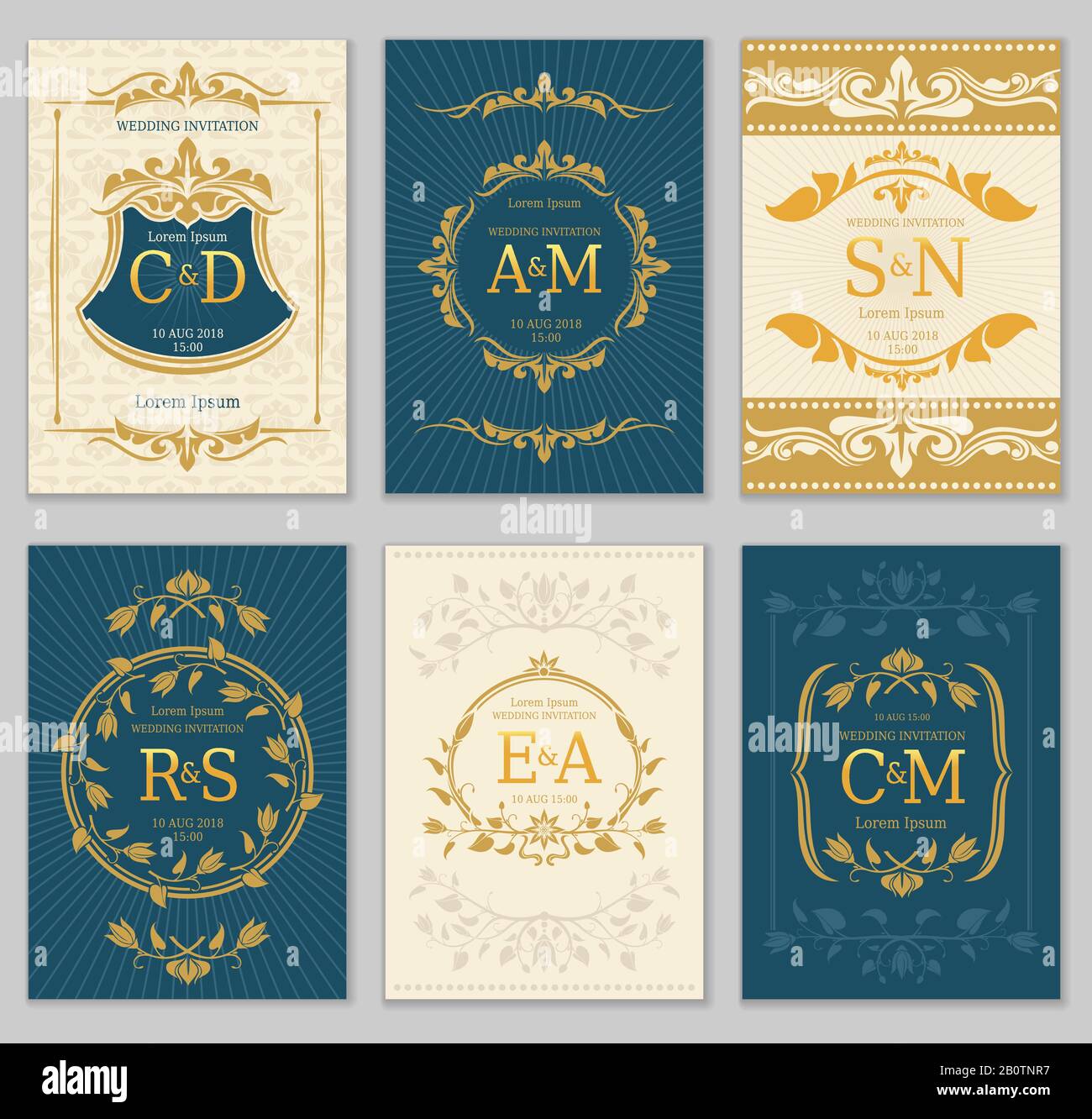 Luxury vintage wedding invitation vector cards with logo monograms and ornate frame. Classic monogram luxury label on invitation poster illustration Stock Vector