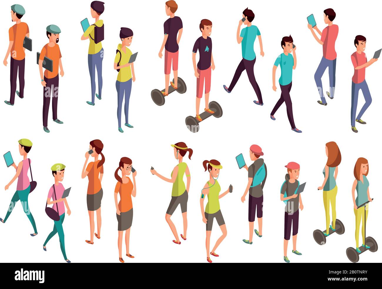 Young vector people with laptops and phones. Isolated isometric teenagers in casual clothes for computer technology concept. People with device laptop and phone illustration Stock Vector
