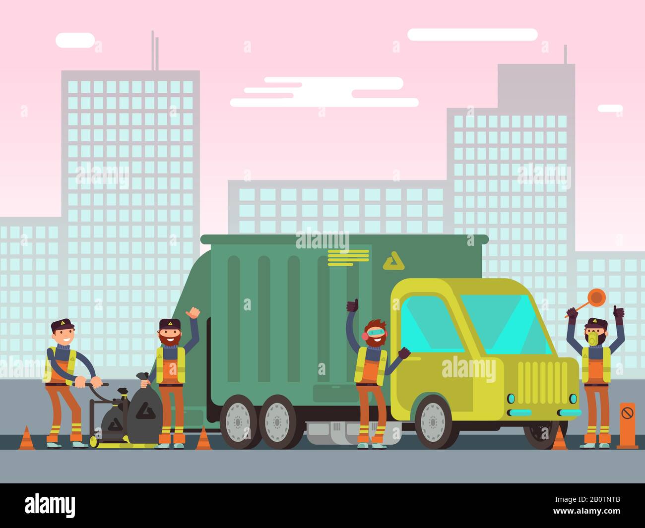 Waste management and city garbage collection for recycling vector concept with sanitation workers, garbage truck and trash bins. Trash and garbage car, illustration of container with waste Stock Vector