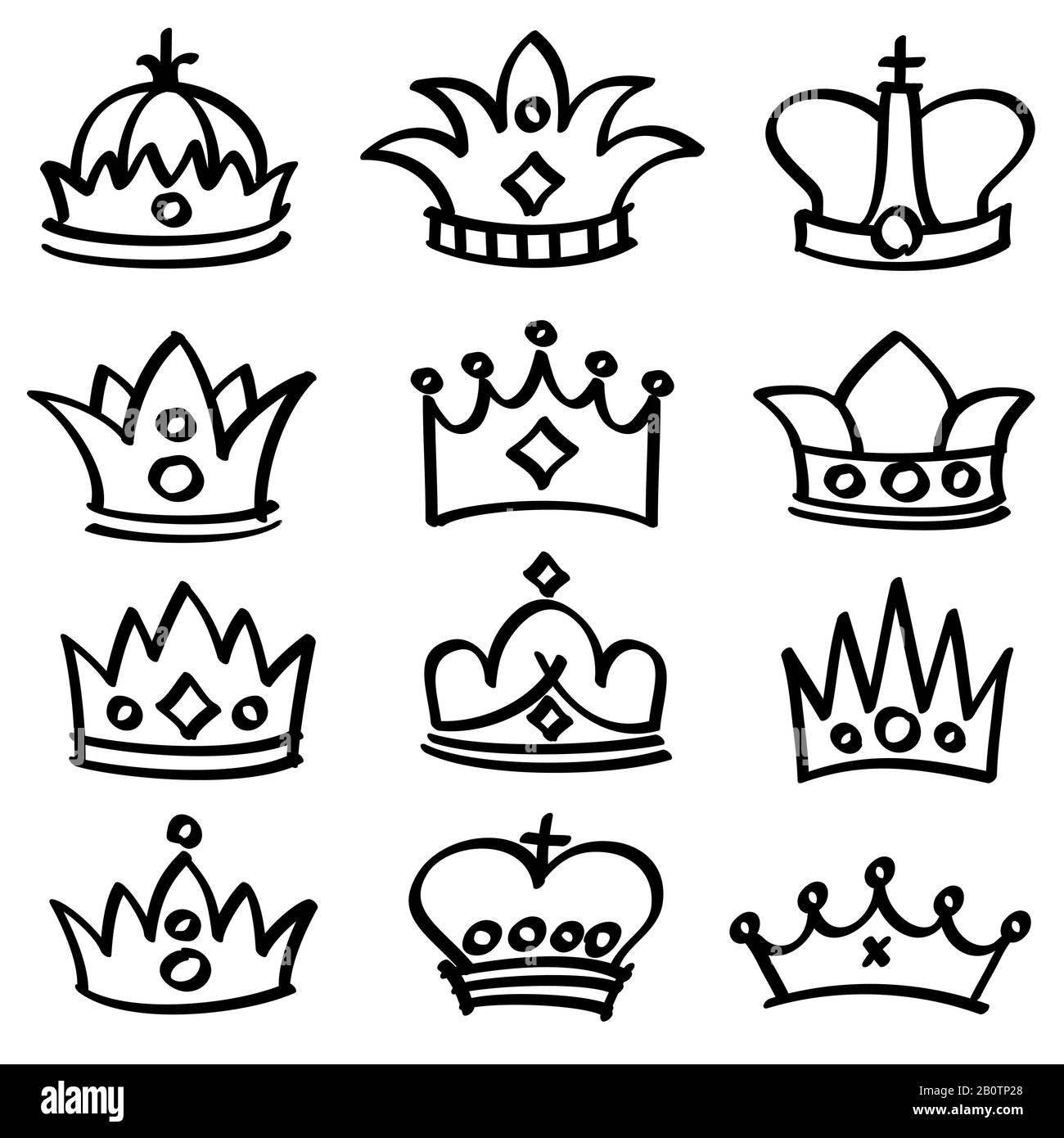 Luxury doodle queen crowns vector sketch collection. King crown and imperial doodle crown illustration Stock Vector