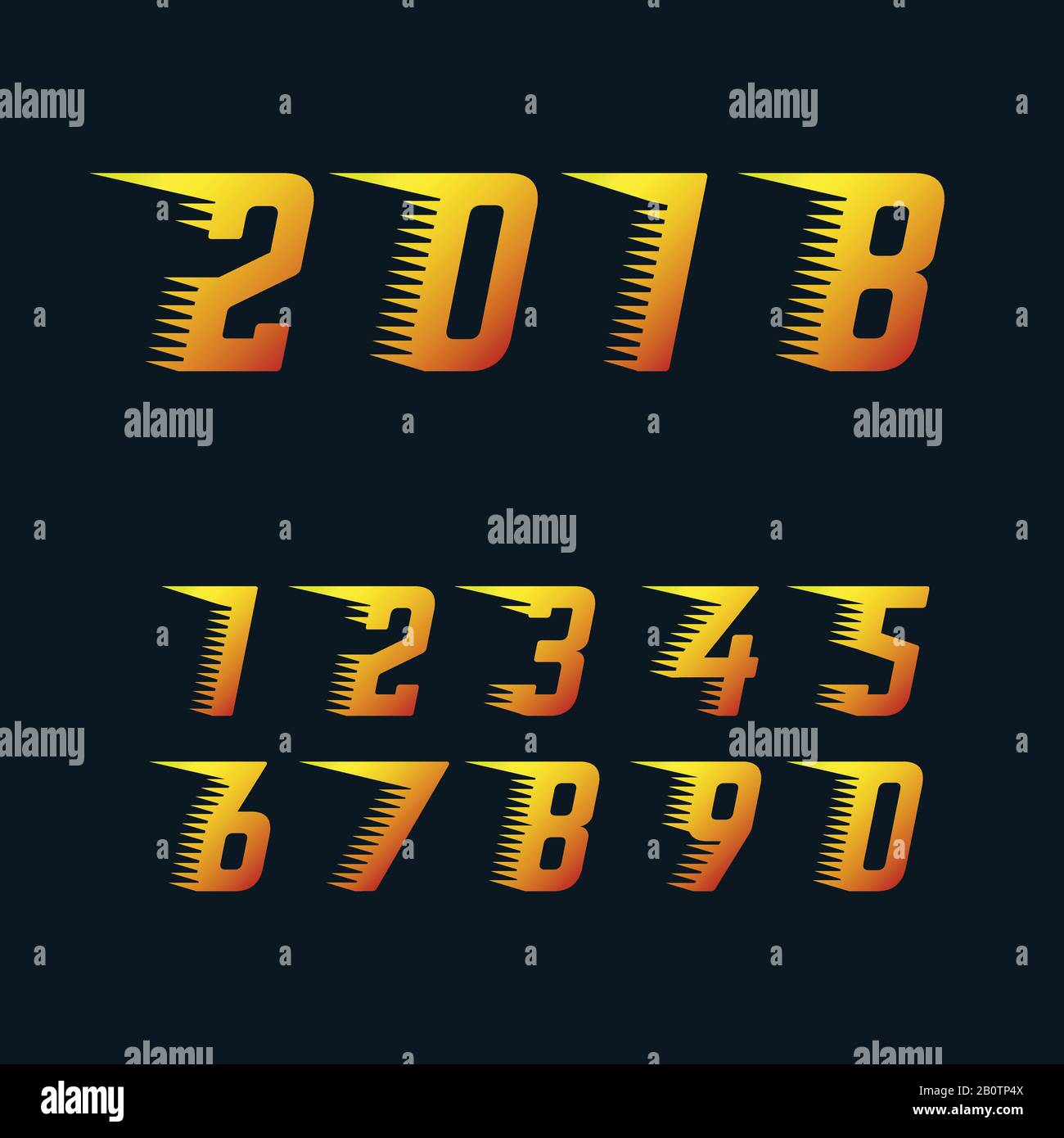 Sports racing numbers with rapid motion effect of speed lines set of vector symbols. Happy new year 2018 fiery symbol. Number for racing with rapid effect speed line illustration Stock Vector