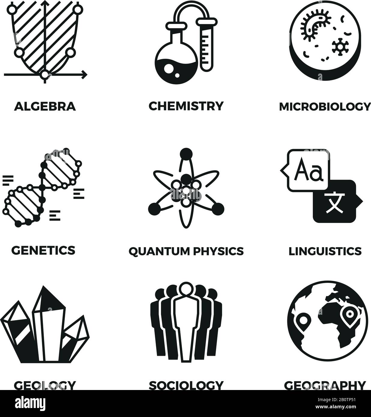 Science vector pictograms. Genetics and algebra, chemistry and biology, geography and sociology, linguistics and quantum physics symbols. Mathematics and globe, studying physics and geography illustration Stock Vector