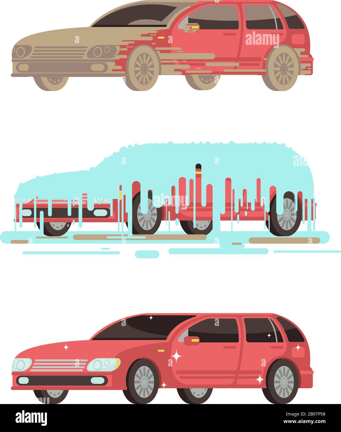 Dirty and clean shine car. Washing stages vector set. Car clean and dirty illustration Stock Vector
