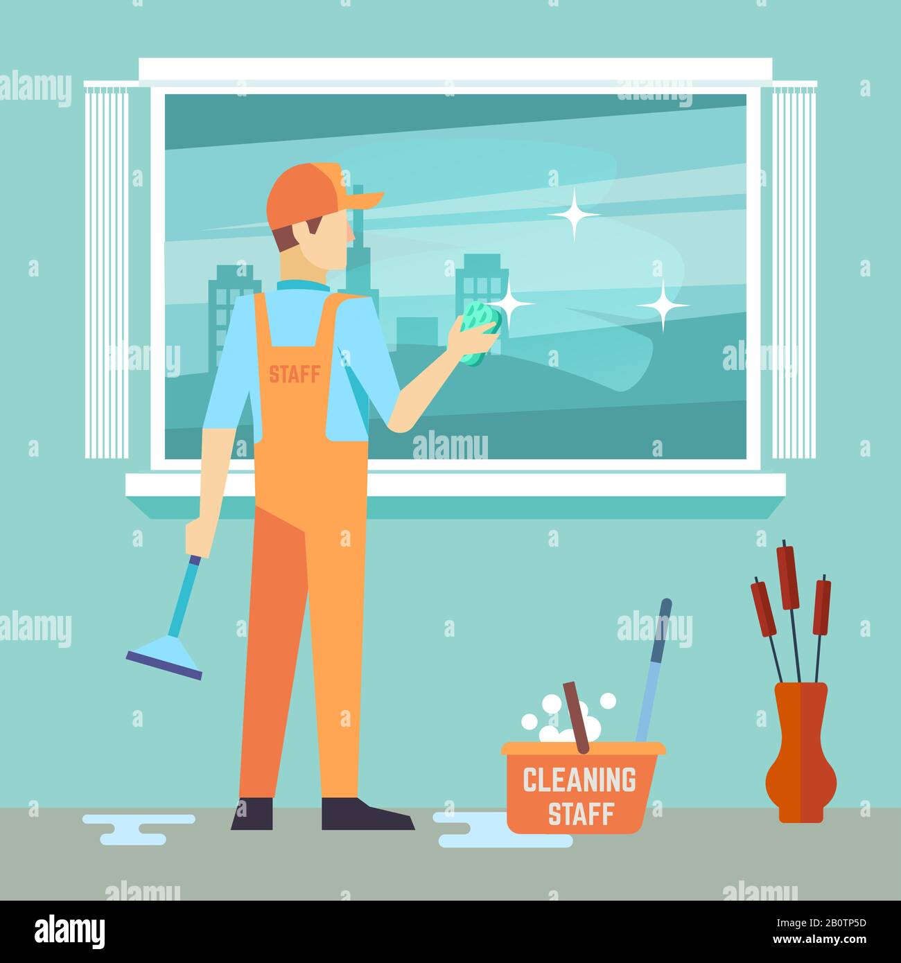 Flat man washes window - cleaning man vector character. Man cleaner work  with brush illustration Stock Vector Image & Art - Alamy
